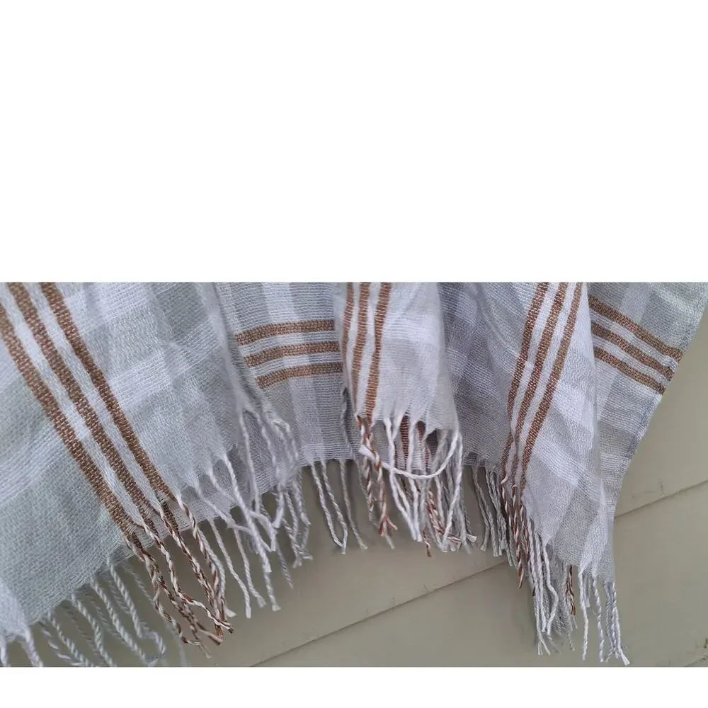 Three Dots Viscose Cashmere Plaid Gray Tan Wrap Shawl Open Poncho O/S $98
